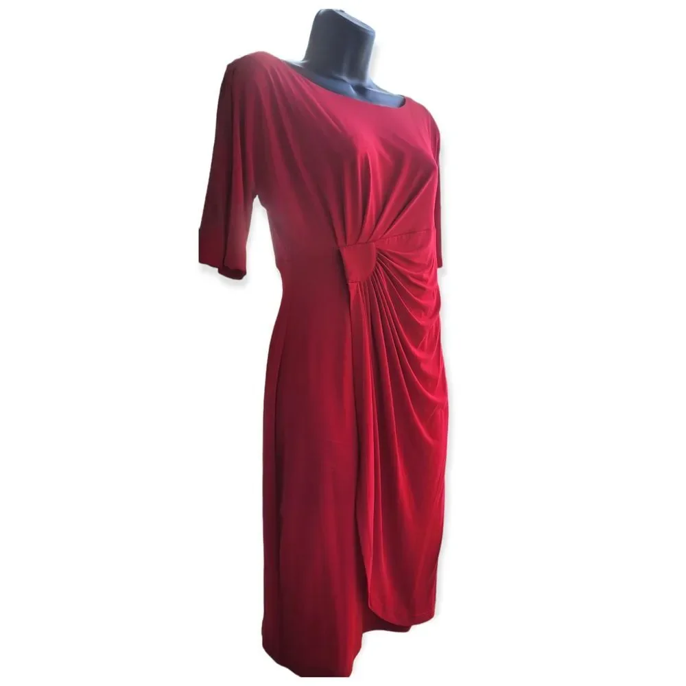 Connected Apparel Red Wrap Dress Short Sleeves Ruching Size 8P - Picture 2 of 3